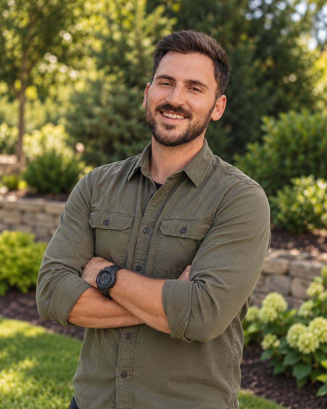 Blake Whitt standing in front of a planted bed
